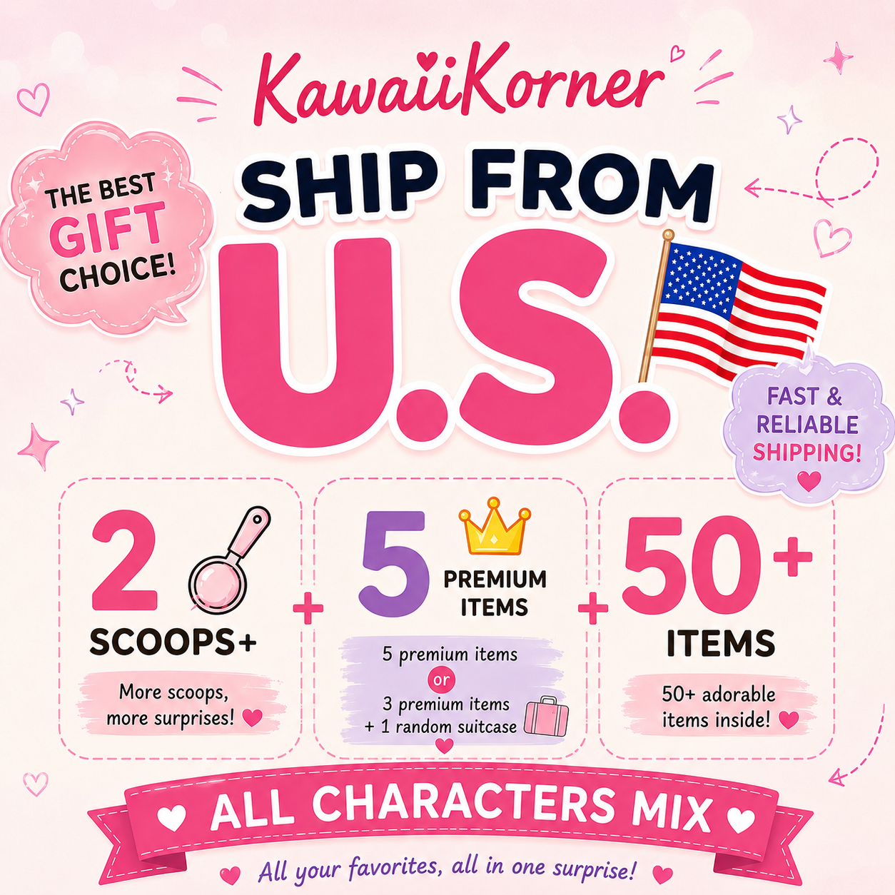 Kawaii Korner 2-Scoop Mystery Box | Ships From USA | 55+ Kawaii Items | All character Mix